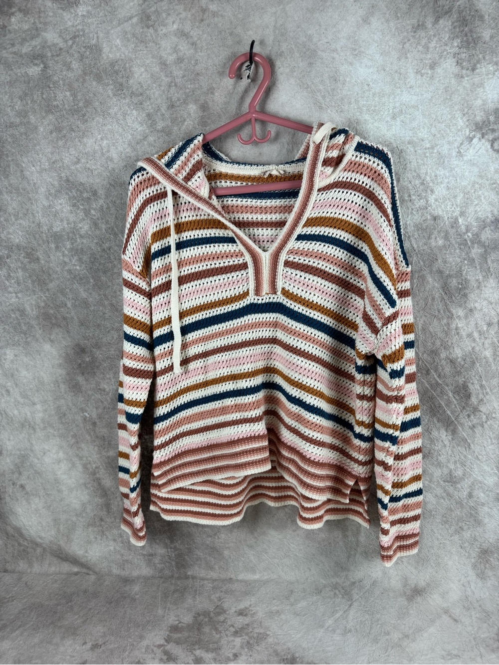 Hem & Thread Striped V-Neck Hoodie Sweater - Pink, White, Navy, Mustard